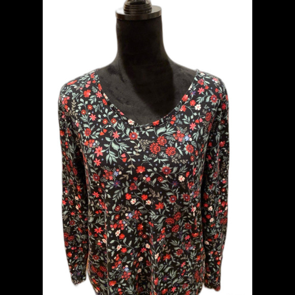 Croft & Barrow Blouse Size Large Top 100% Cotton V Neck Floral + Stretch Casual - Picture 2 of 8